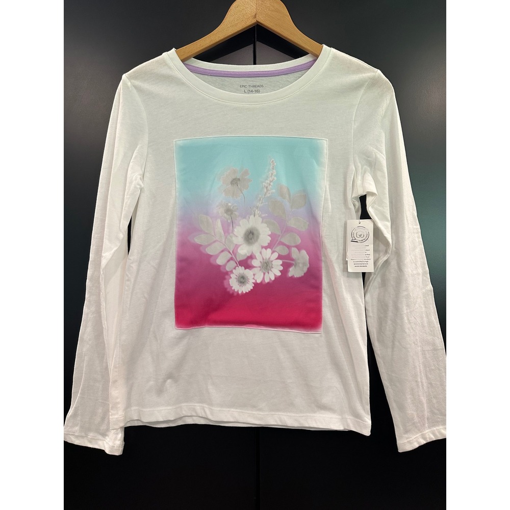 Epic Threads Girls Long Sleeve Graphic Tee White Floral Ombre L 14-16 NEW